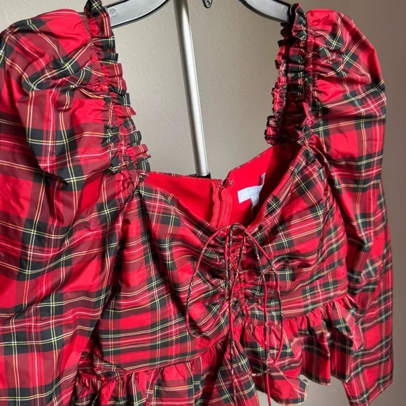 NWT Antonio Melani Elvira Plaid Tie Square Neck Long Puffed Sleeve Blouse Sz 6 - Picture 8 of 11